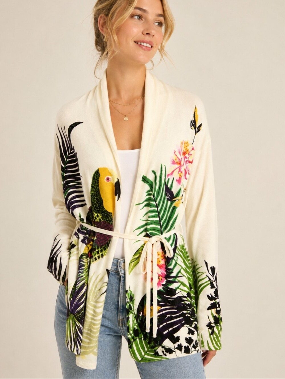 Anthropologie Moth Tropical Parrot Bird Print Cardigan Sweater Top L